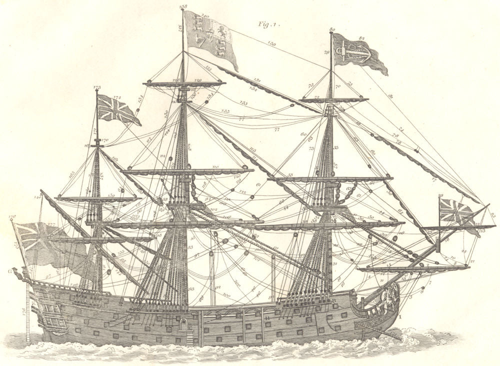 SHIPS. A first rate ship of war with rigging &c. at anchor 1830 old print
